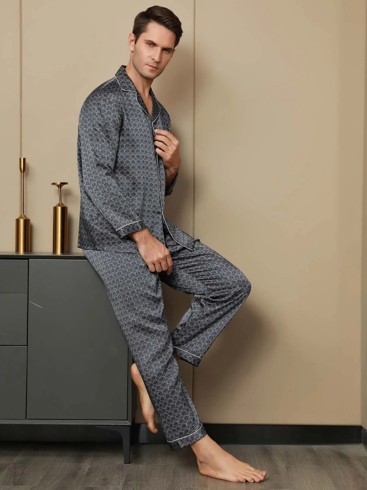 Pure Silk Navy Ginkgo Print Long Sleeve Men's Pyjamas Set With Pants - Image 13