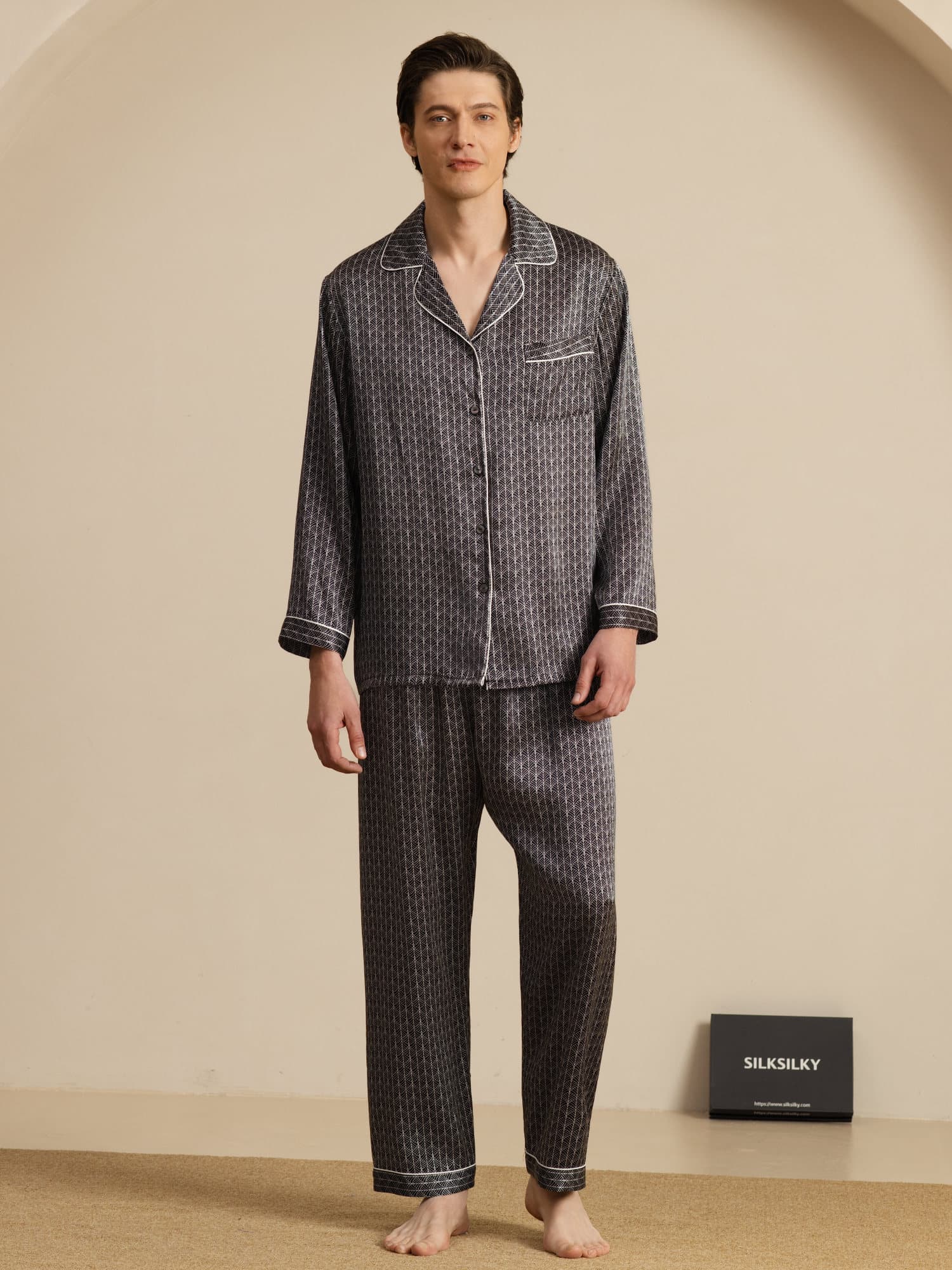 Pure Silk Navy Ginkgo Print Long Sleeve Men's Pyjamas Set With Pants - Image 24