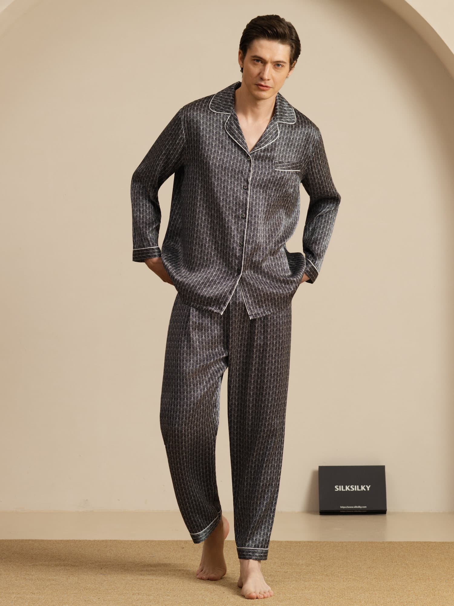 Pure Silk Navy Ginkgo Print Long Sleeve Men's Pyjamas Set With Pants - Image 25