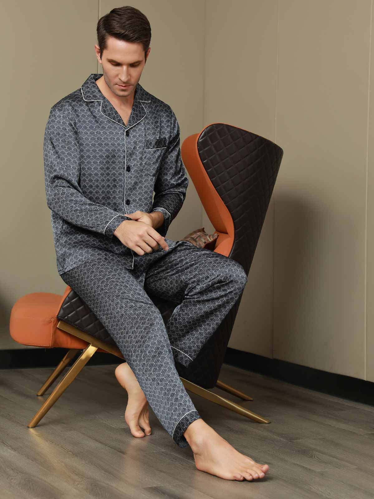 Pure Silk Navy Ginkgo Print Long Sleeve Men's Pyjamas Set With Pants - Image 6