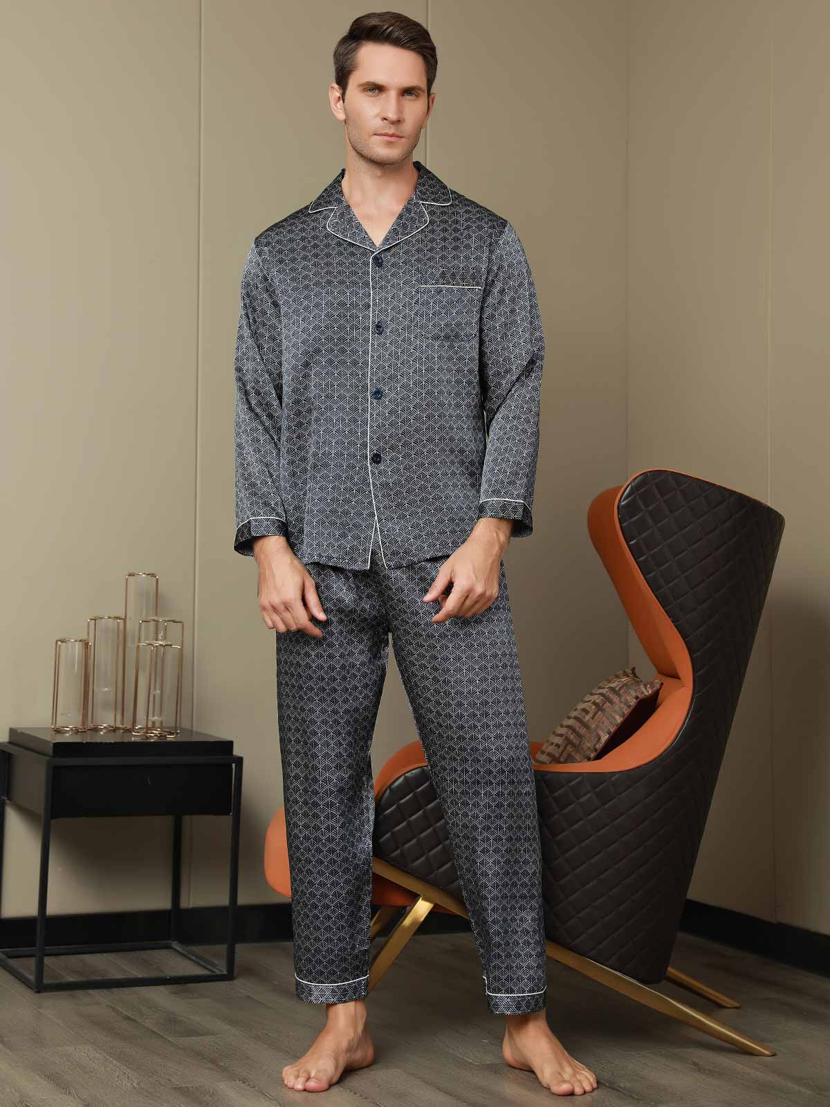Pure Silk Navy Ginkgo Print Long Sleeve Men's Pyjamas Set With Pants - Image 7
