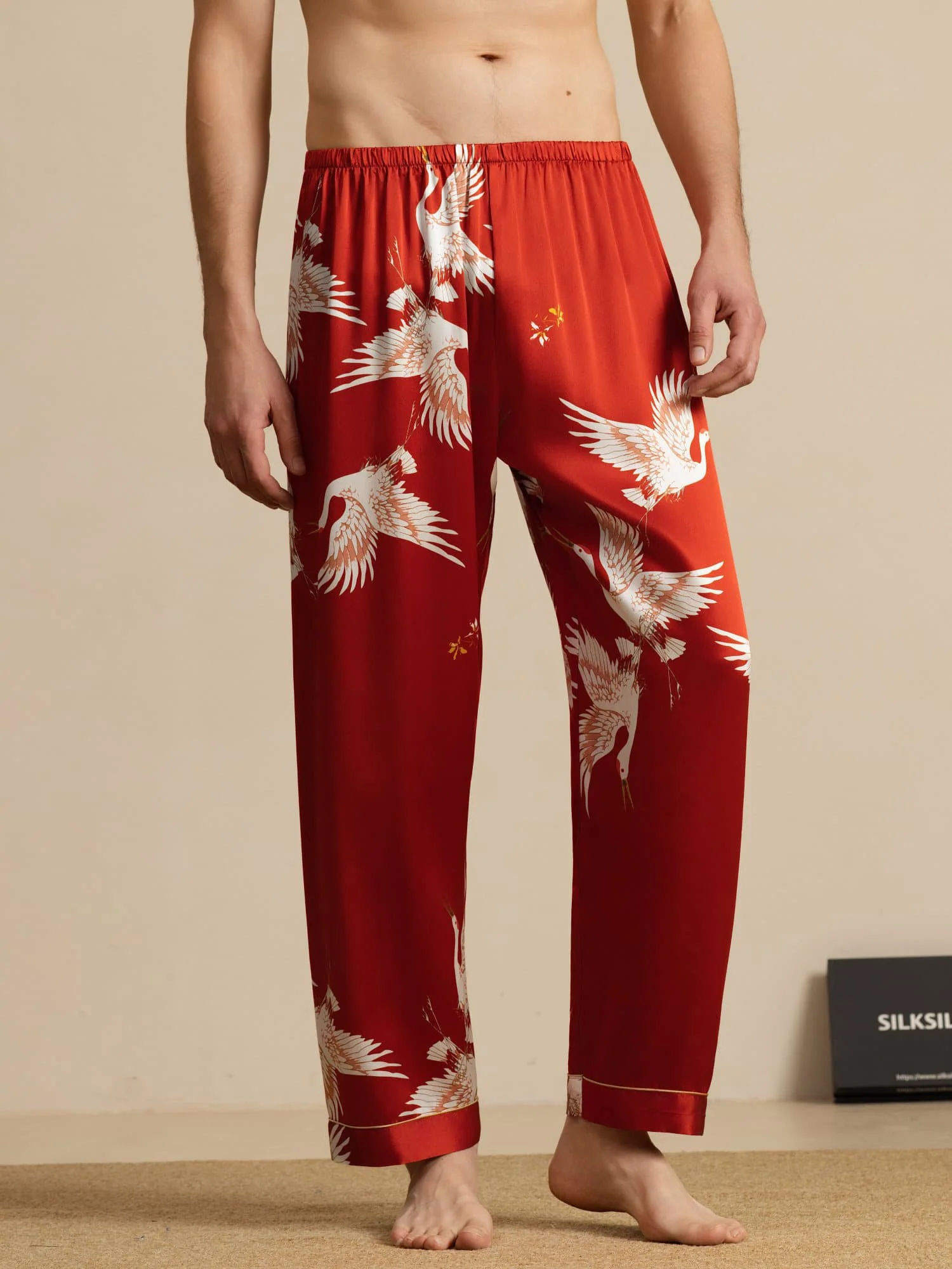 Men's 19Momme Pure Silk Elastic Waist Crane Print Sleep Pants - Image 15