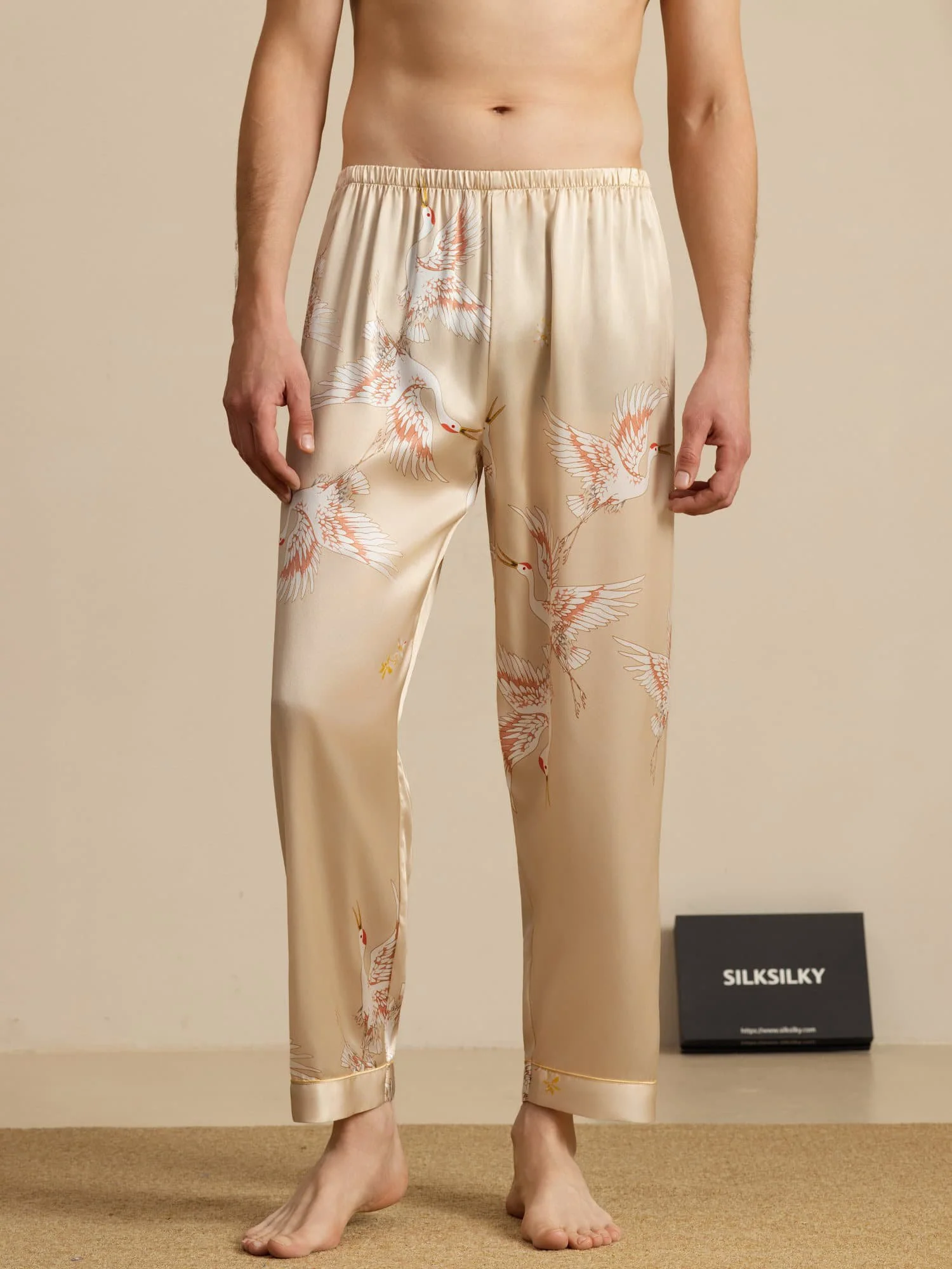 Men's 19Momme Pure Silk Elastic Waist Crane Print Sleep Pants - Image 22