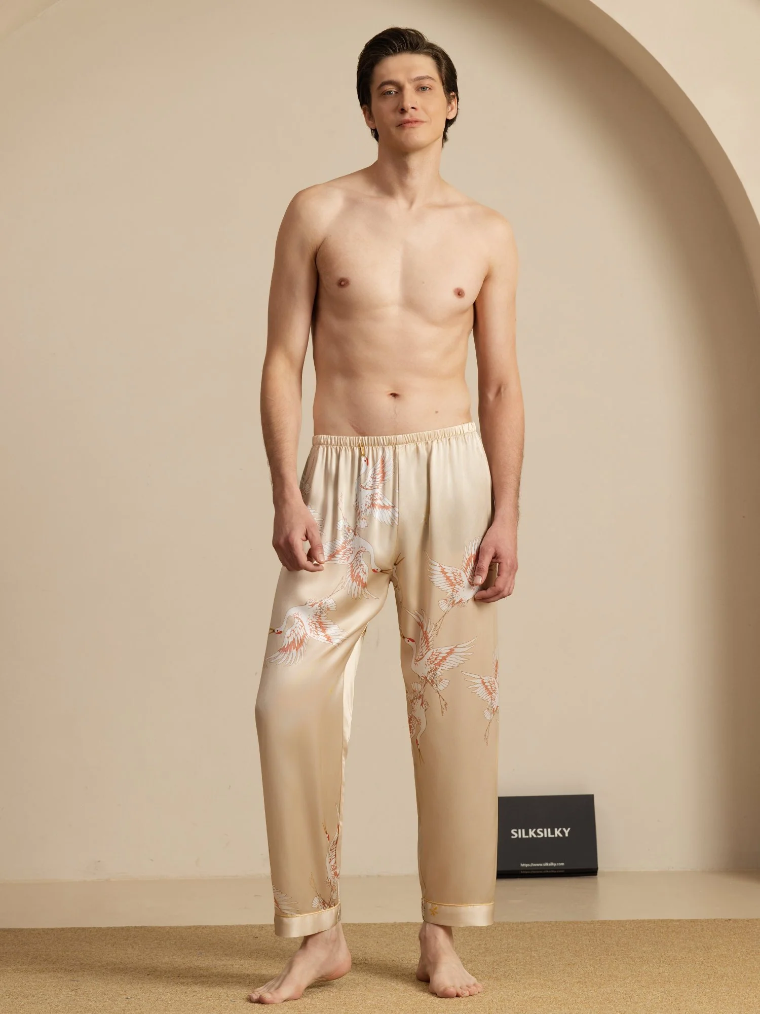 Men's 19Momme Pure Silk Elastic Waist Crane Print Sleep Pants - Image 26