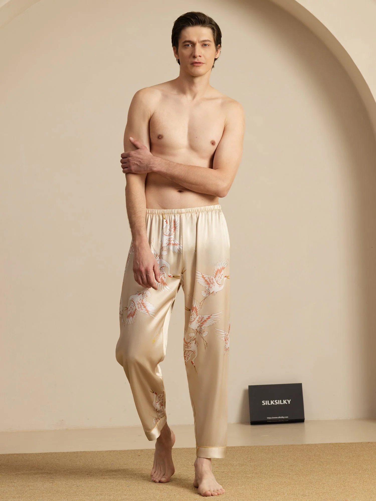 Men's 19Momme Pure Silk Elastic Waist Crane Print Sleep Pants - Image 27