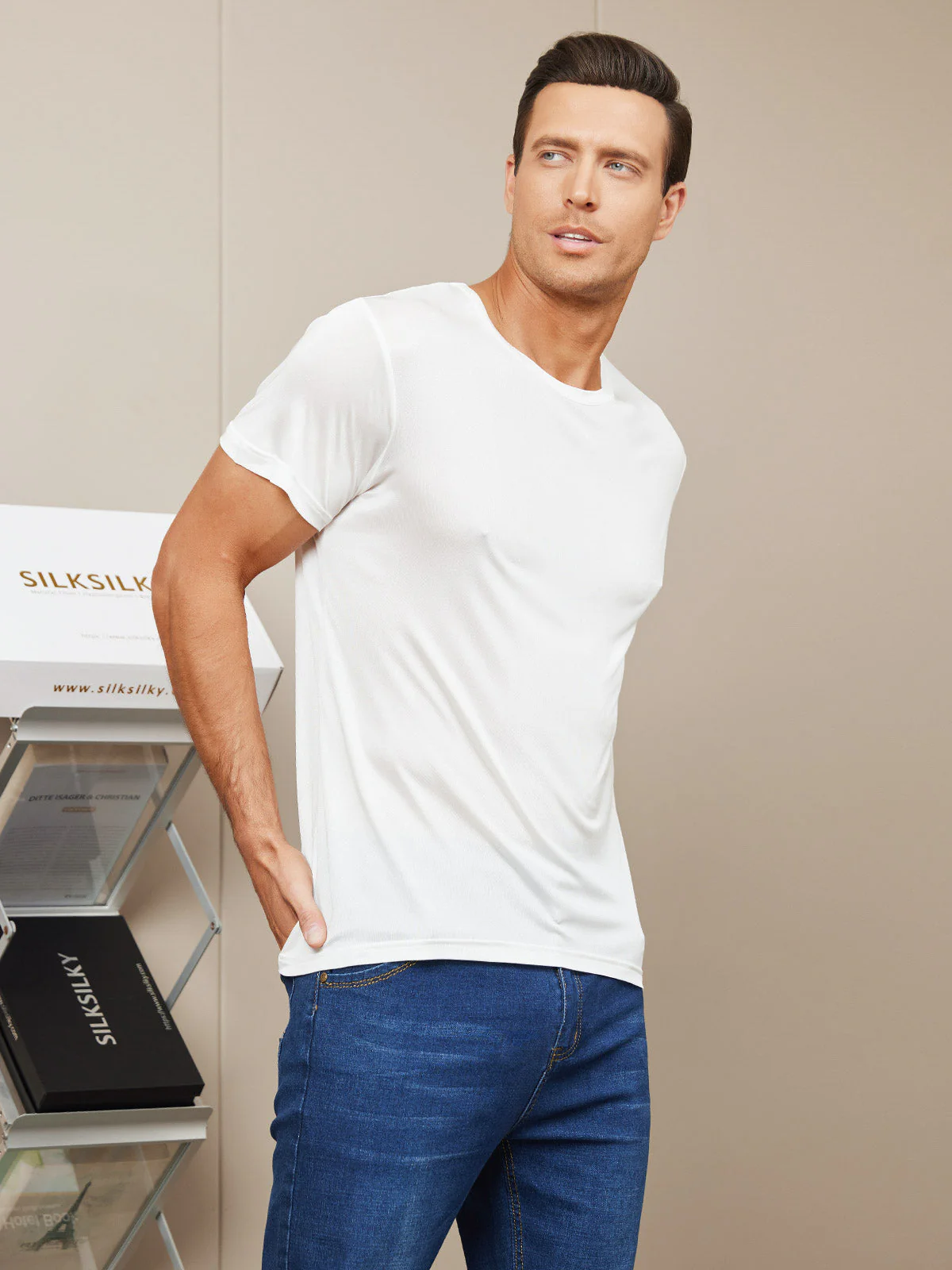 Mens Crew Neck Pure Silk T Shirt - Image 11