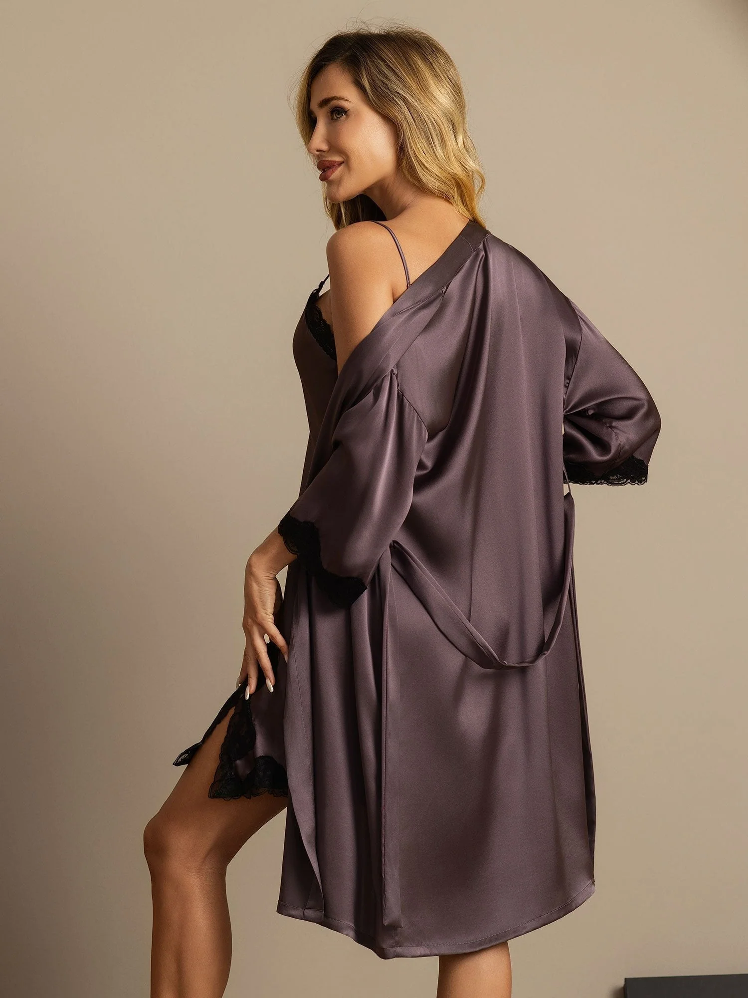 Pure Silk Basic Lace Trimmed Split Nightdress&Dressing gowns 2Pcs - Image 10