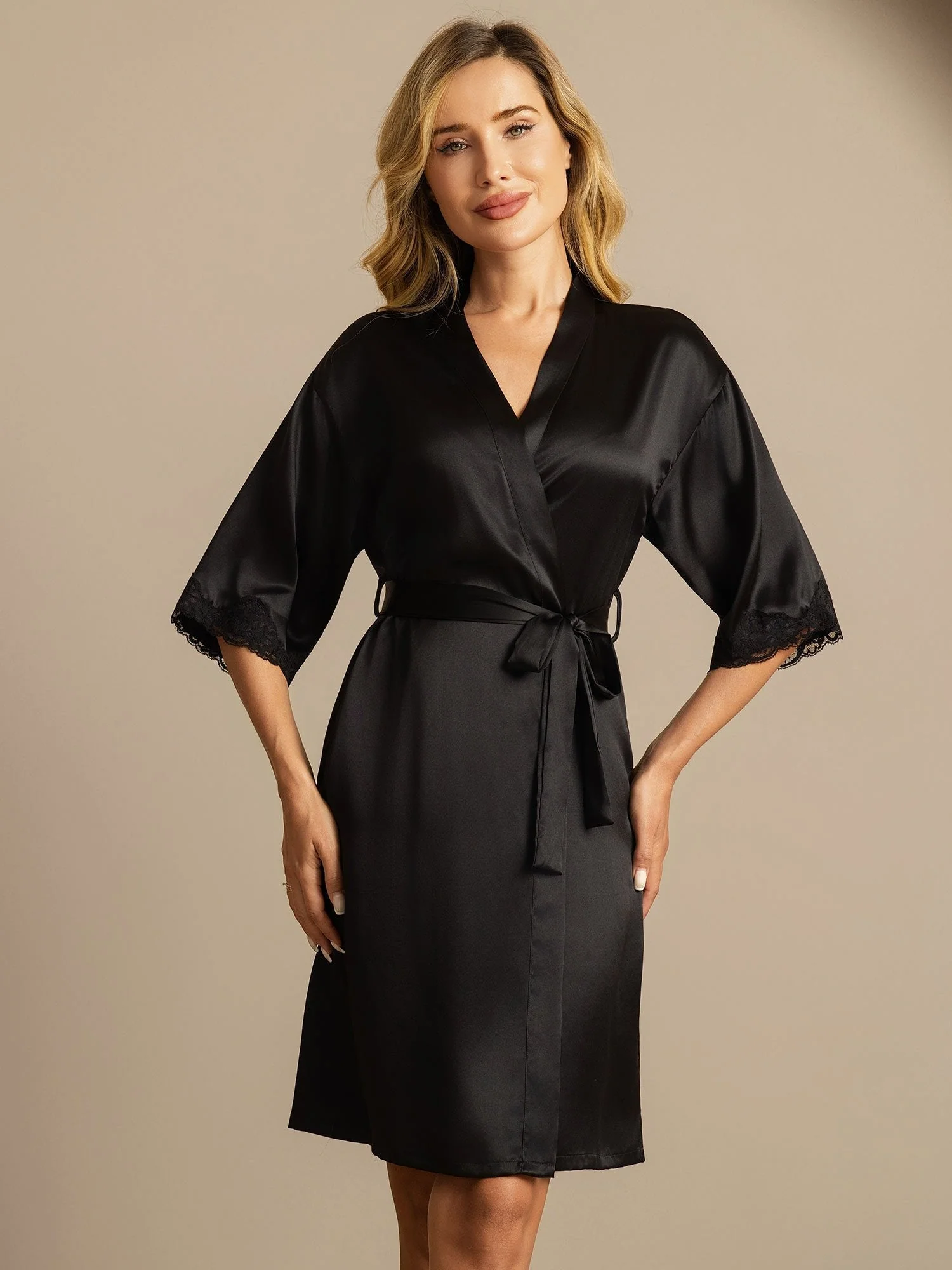 Pure Silk Basic Women's Robe with Lace Design - Image 10