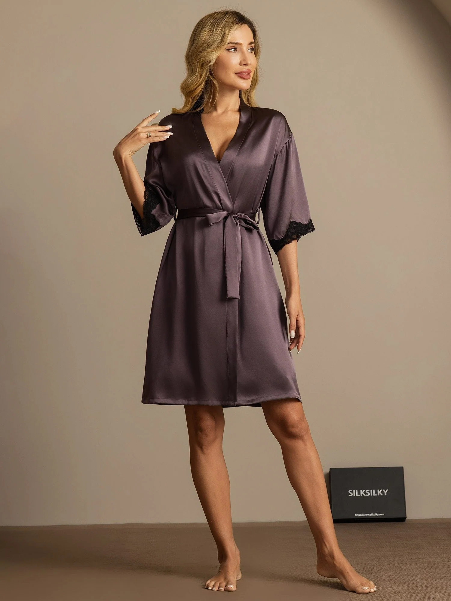 Pure Silk Basic Women's Robe with Lace Design - Image 22