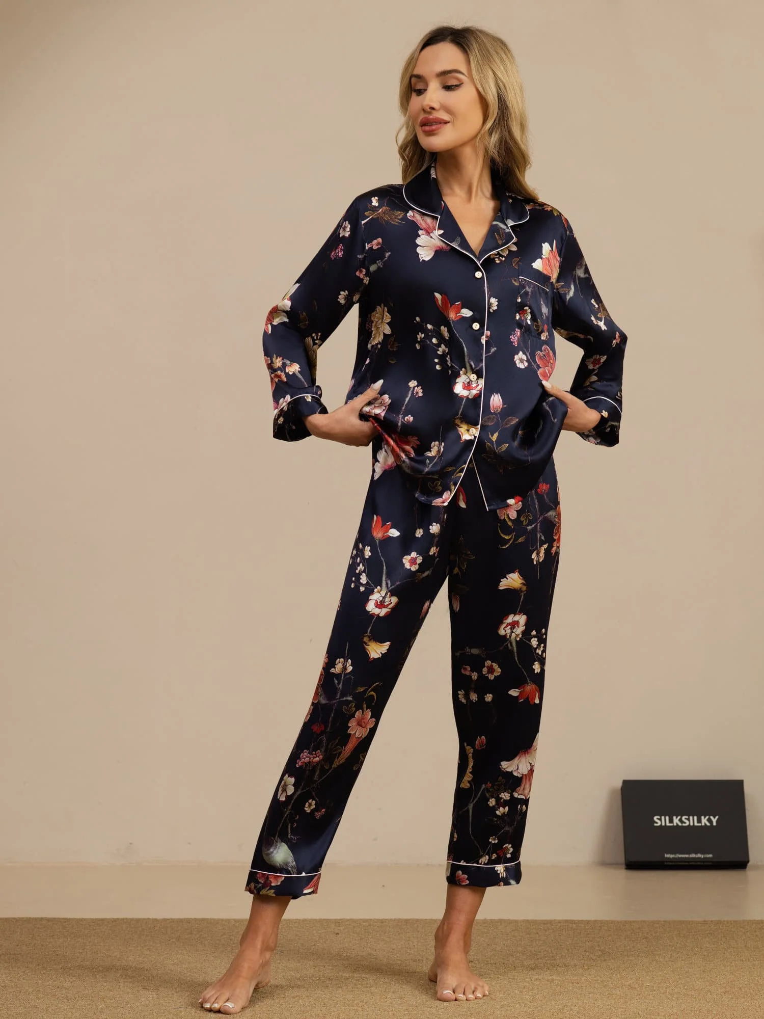 Women's Pure Silk Navy Floral Print Long Sleeve Notch Collar Button Up Pajamas Set - Image 3