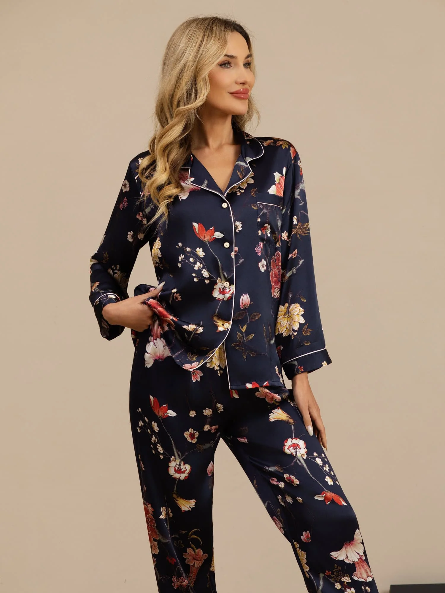 Women's Pure Silk Navy Floral Print Long Sleeve Notch Collar Button Up Pajamas Set - Image 5