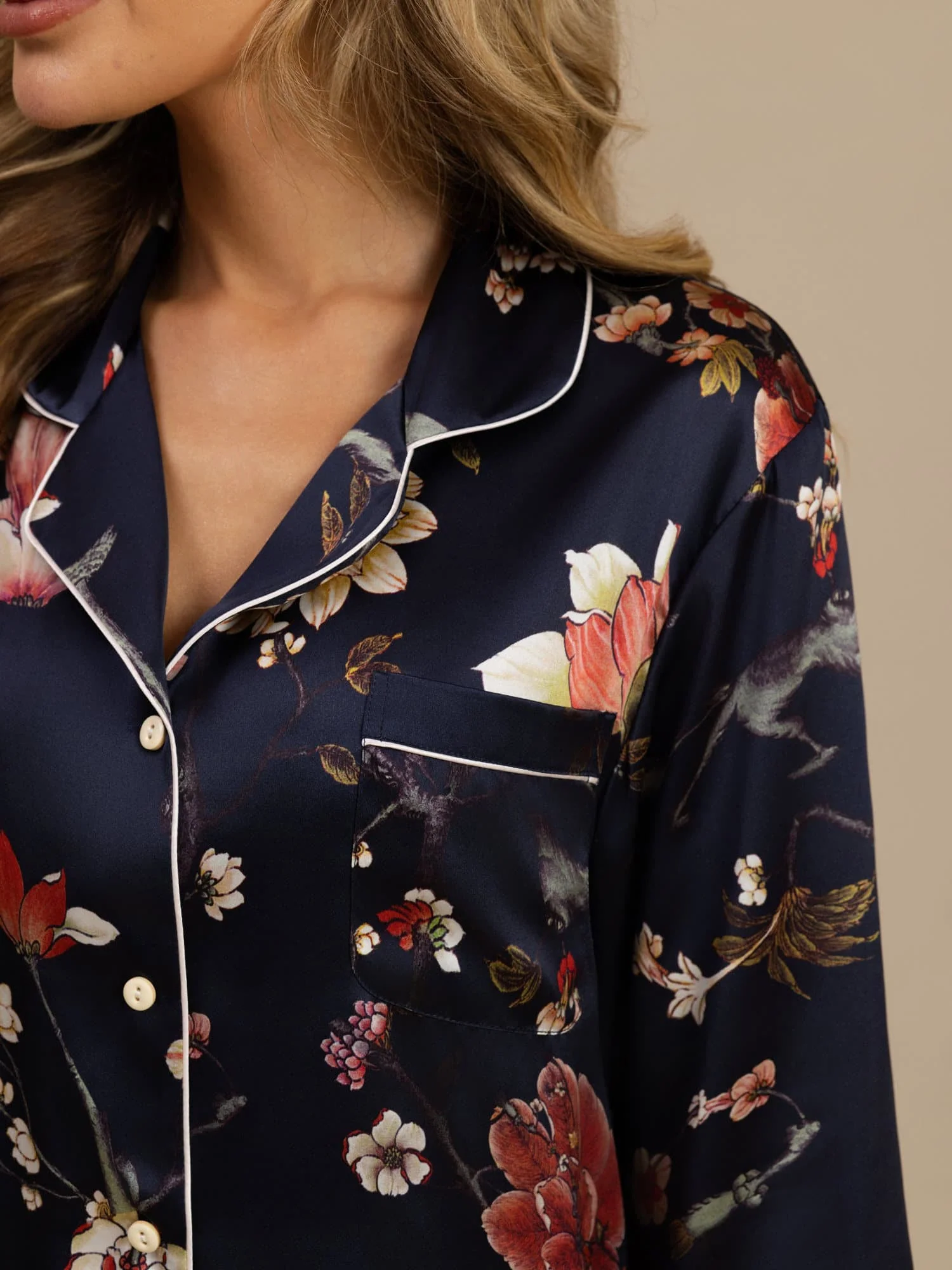 Women's Pure Silk Navy Floral Print Long Sleeve Notch Collar Button Up Pajamas Set - Image 6