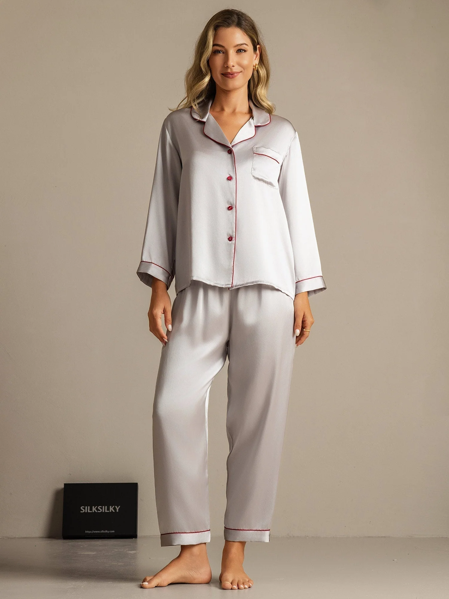 Women's Pure Silk Long Sleeve Notch Collar Pyjamas Set - Image 17