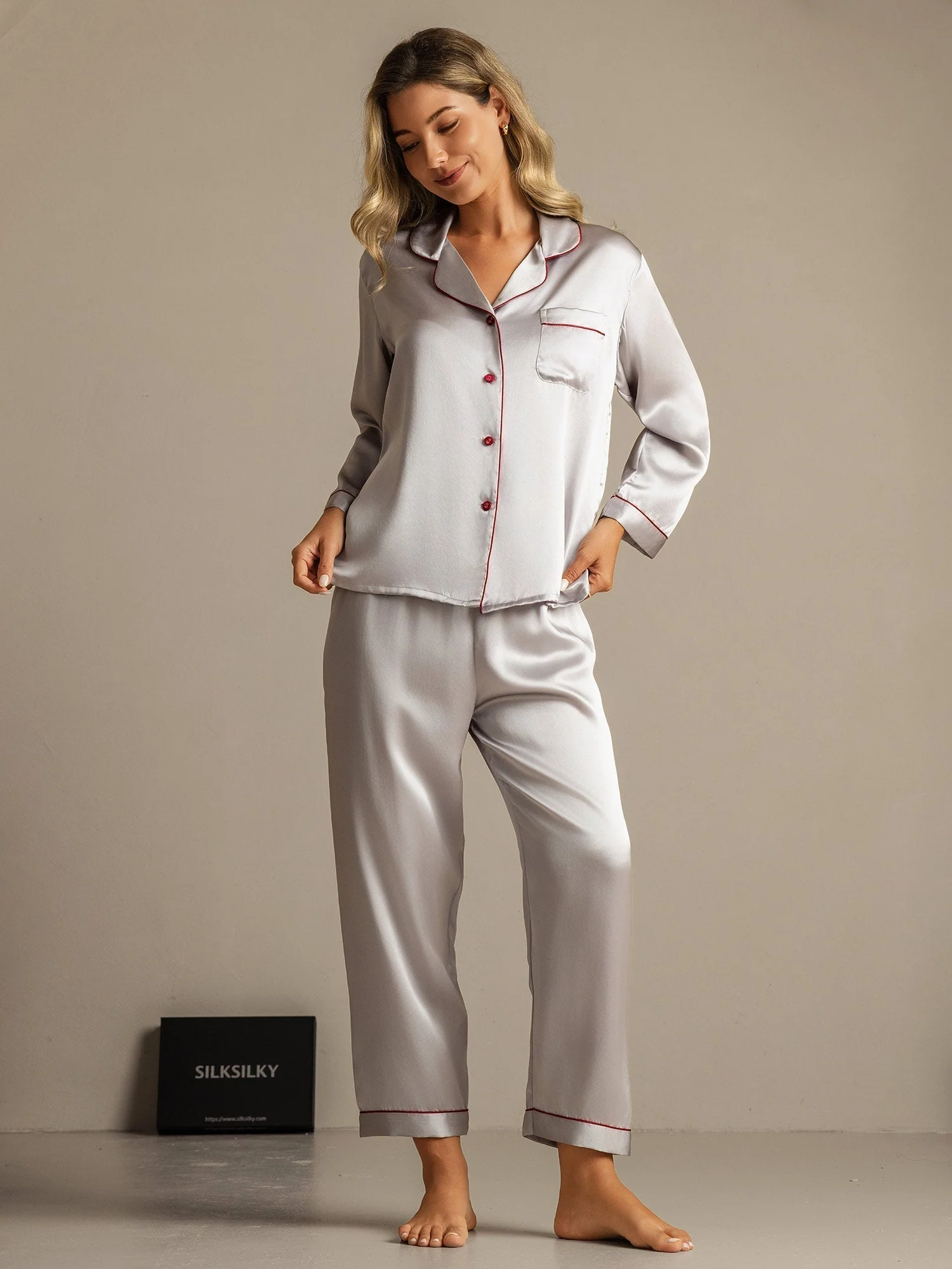 Women's Pure Silk Long Sleeve Notch Collar Pyjamas Set - Image 22