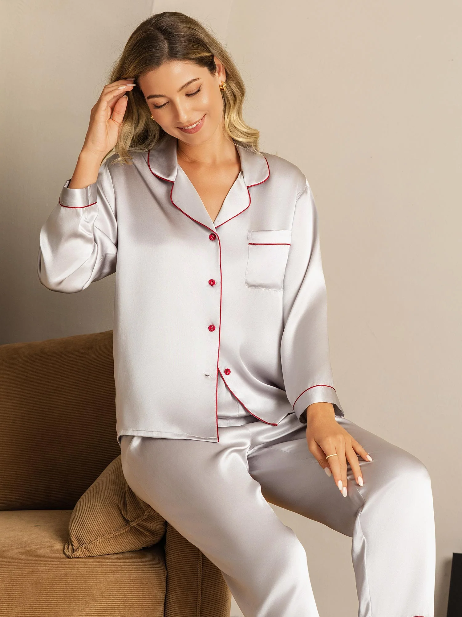 Women's Pure Silk Long Sleeve Notch Collar Pyjamas Set - Image 23