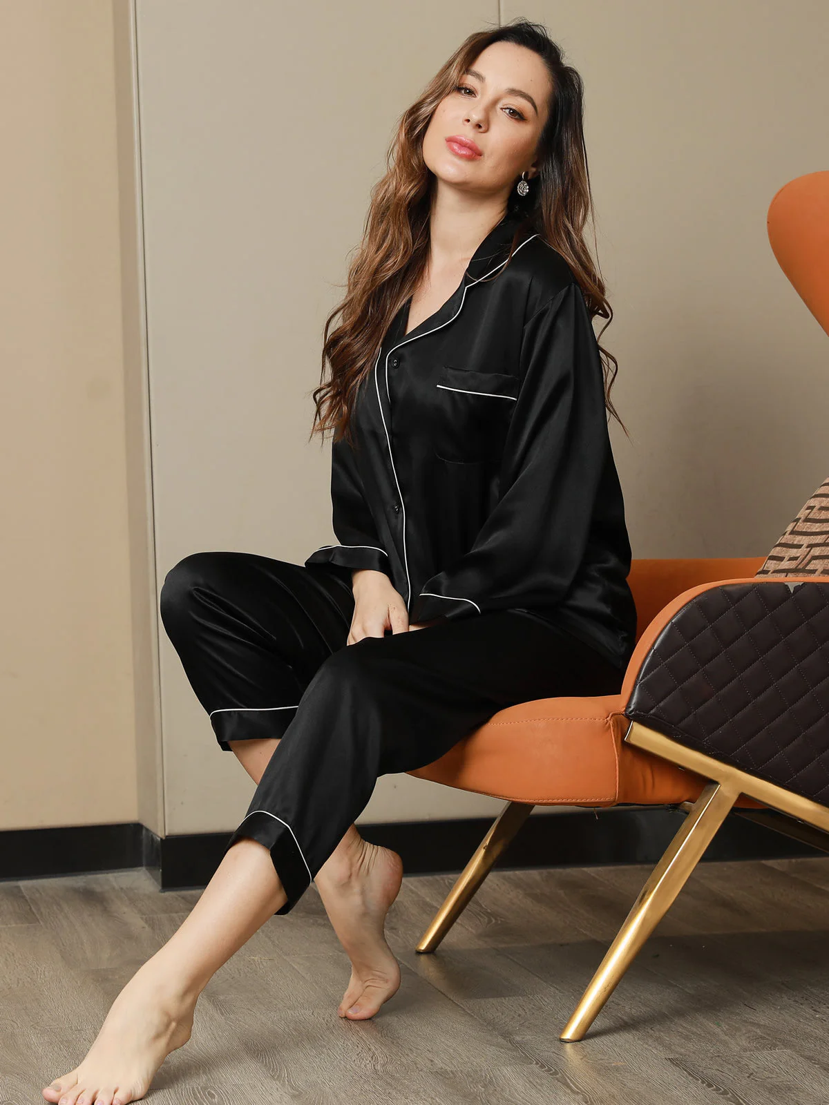 Women's Pure Silk Long Sleeve Notch Collar Pyjamas Set - Image 52