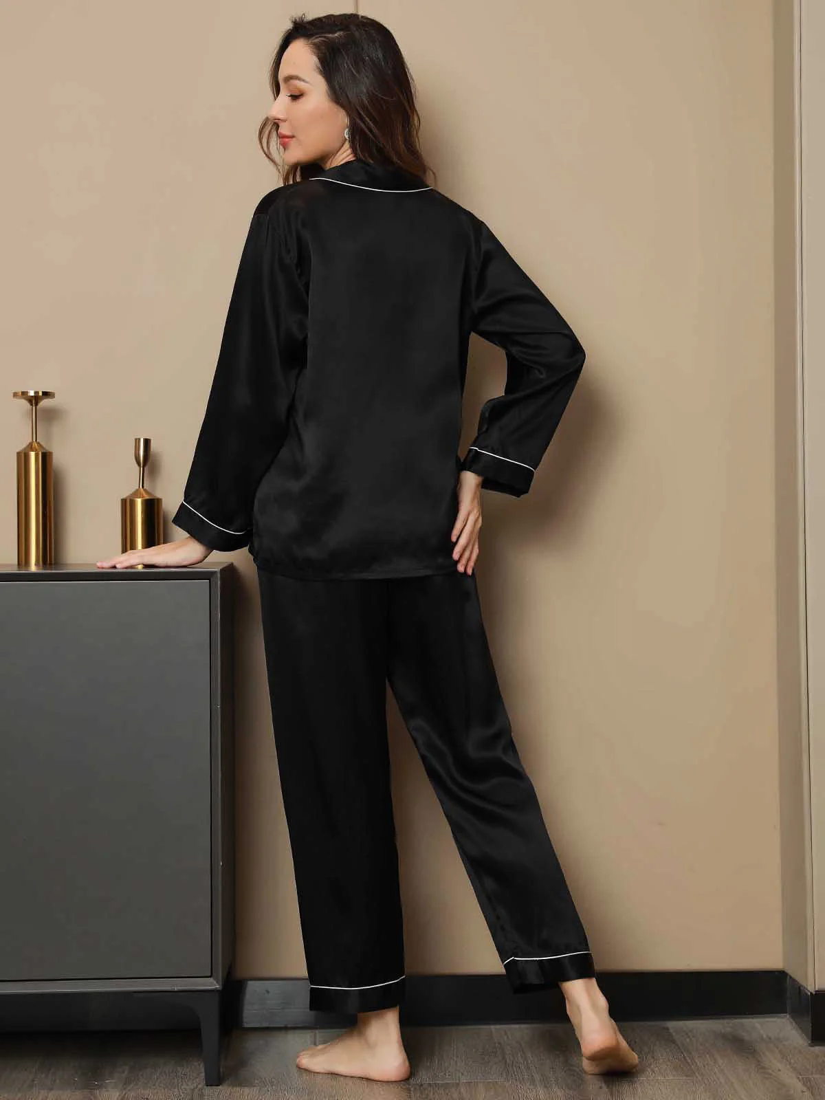 Women's Pure Silk Long Sleeve Notch Collar Pyjamas Set - Image 53