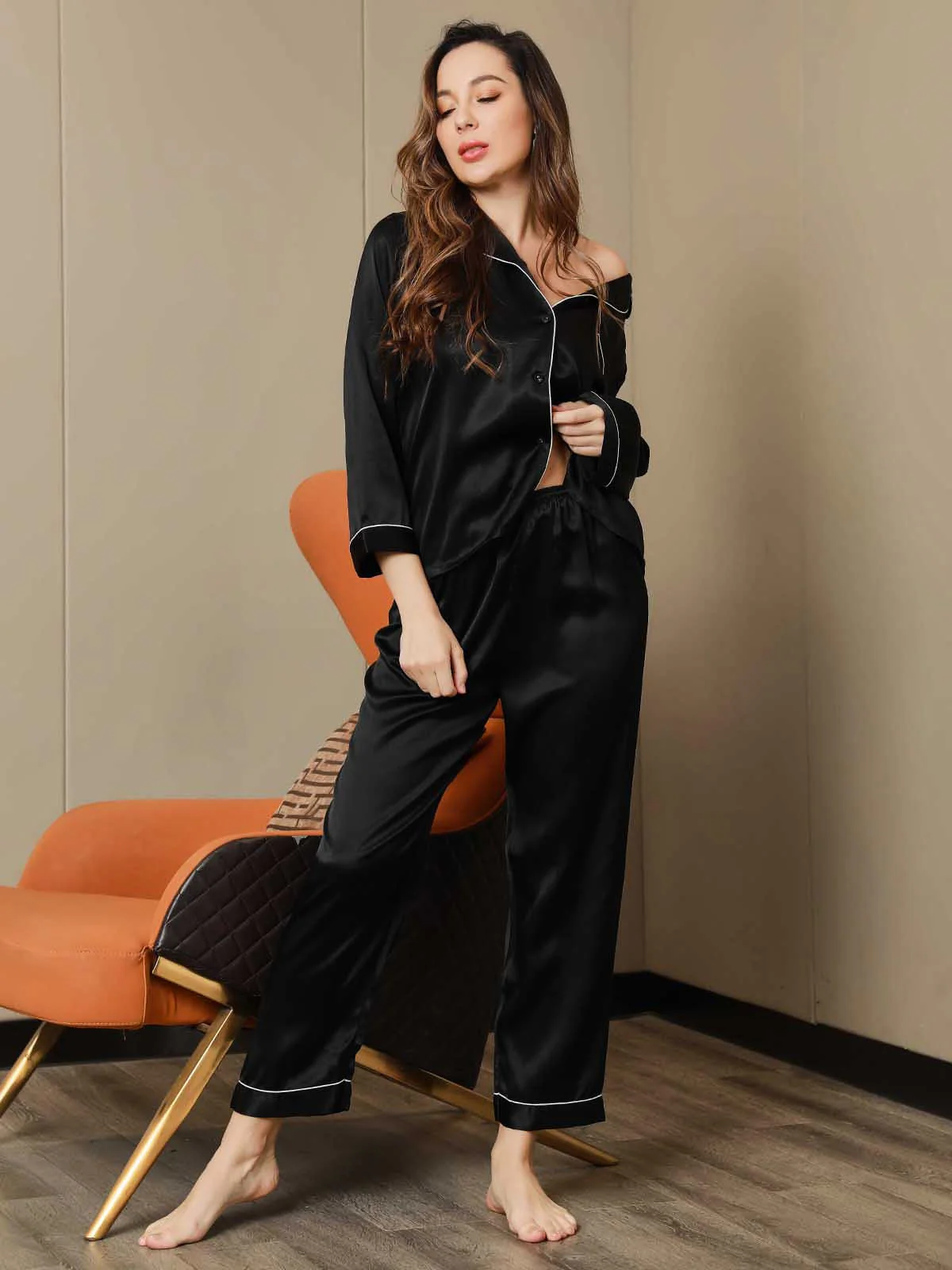 Women's Pure Silk Long Sleeve Notch Collar Pyjamas Set - Image 57