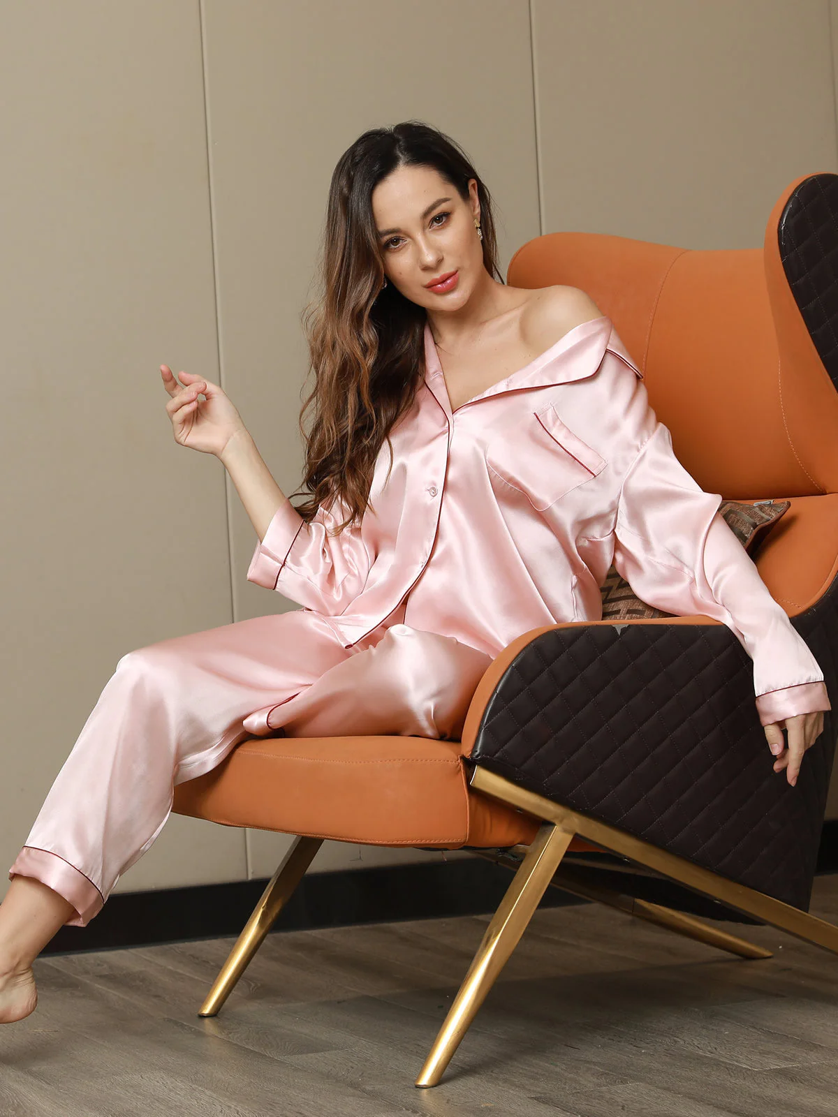 Women's Pure Silk Long Sleeve Notch Collar Pyjamas Set - Image 59
