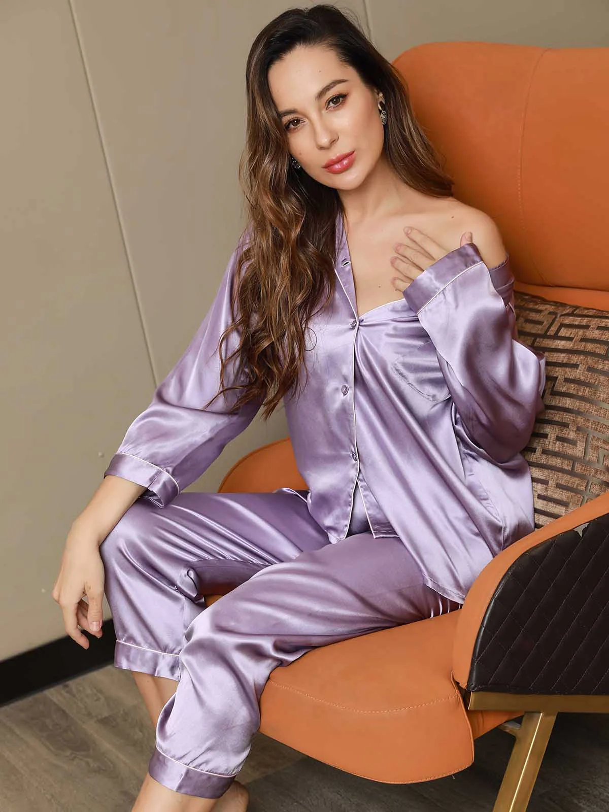 Women's Pure Silk Long Sleeve Notch Collar Pyjamas Set - Image 66