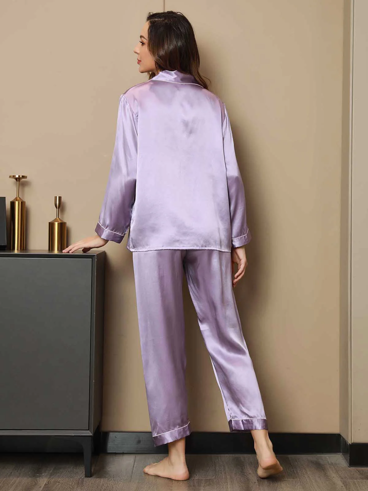 Women's Pure Silk Long Sleeve Notch Collar Pyjamas Set - Image 67