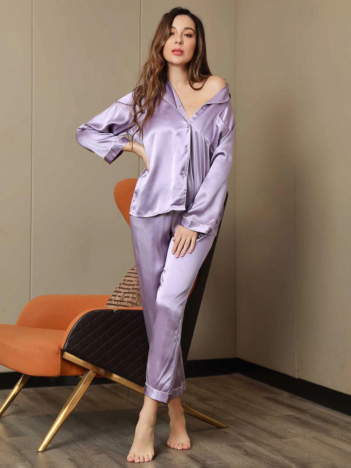 Women's Pure Silk Long Sleeve Notch Collar Pyjamas Set - Image 69