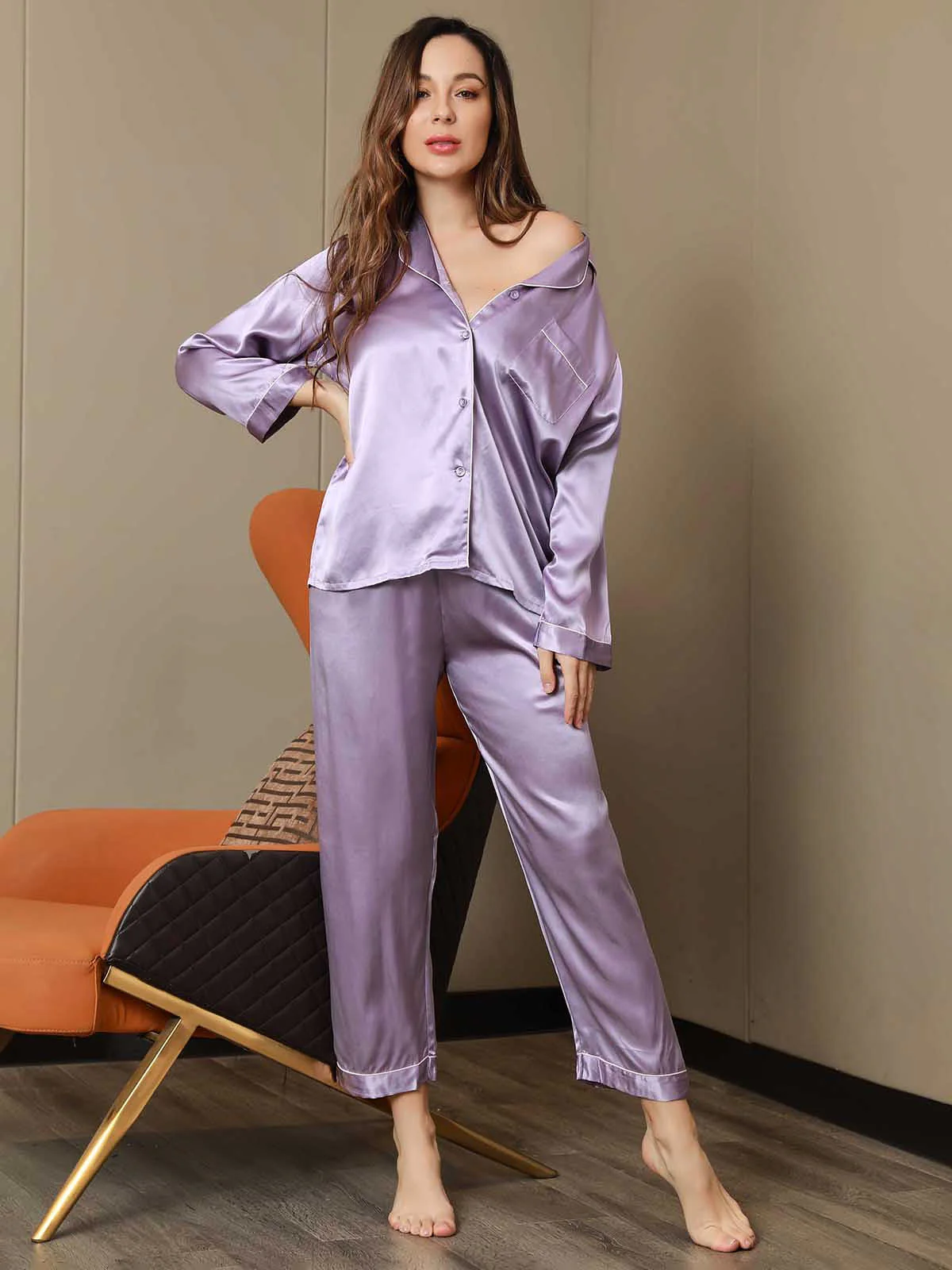 Women's Pure Silk Long Sleeve Notch Collar Pyjamas Set - Image 70