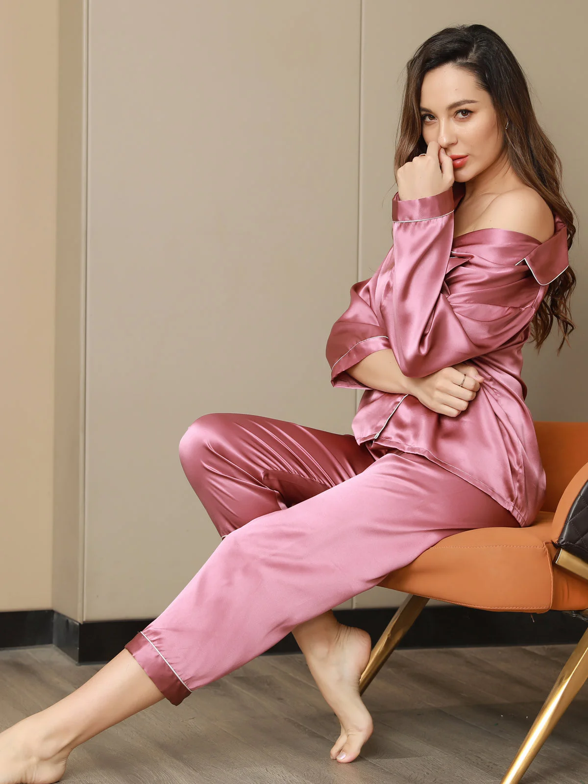 Women's Pure Silk Long Sleeve Notch Collar Pyjamas Set - Image 73
