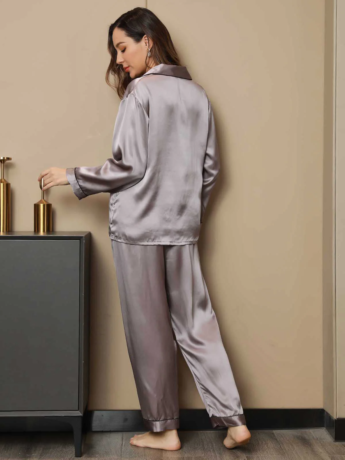 Women's Pure Silk Long Sleeve Notch Collar Pyjamas Set - Image 88
