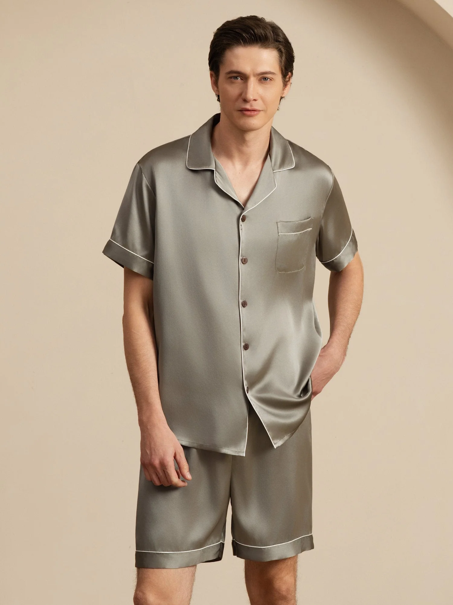 Pure Silk Short Sleeve Notch Collar Men's Pyjamas Set with Shorts - Image 15