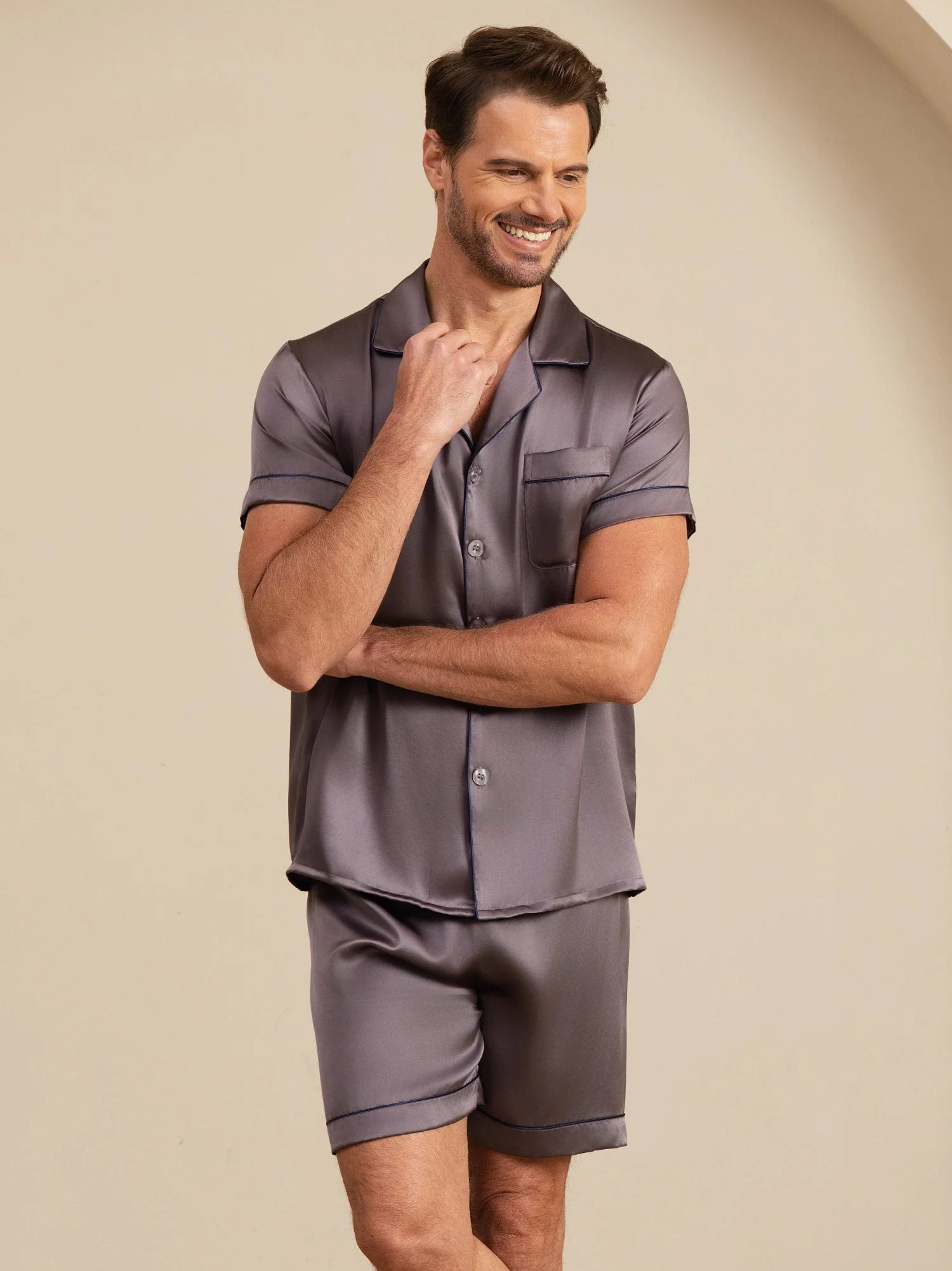 Pure Silk Short Sleeve Notch Collar Men's Pyjamas Set with Shorts - Image 22