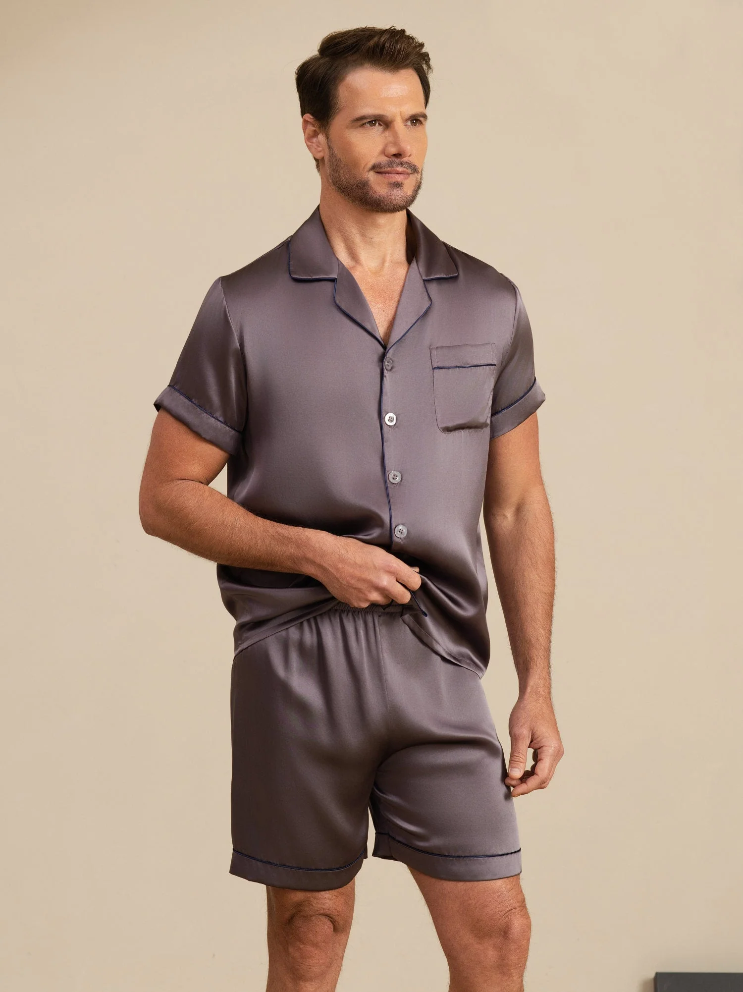 Pure Silk Short Sleeve Notch Collar Men's Pyjamas Set with Shorts - Image 23