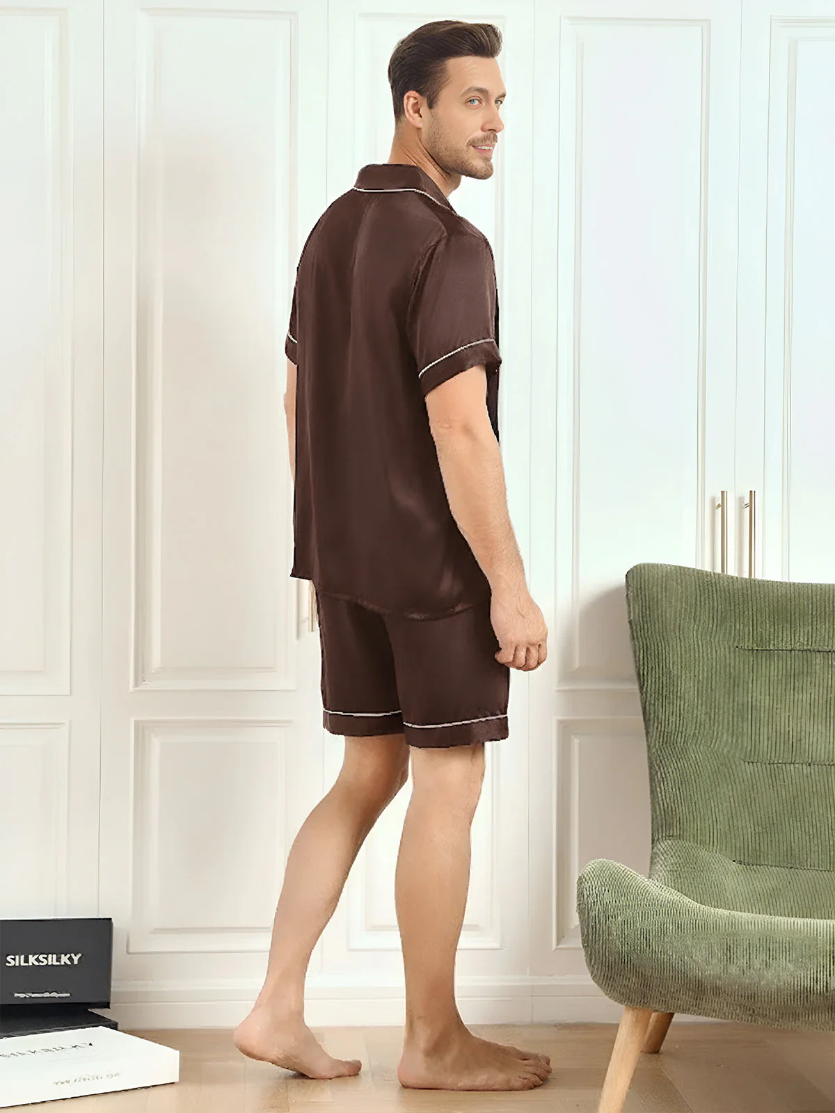 Pure Silk Short Sleeve Notch Collar Men's Pyjamas Set with Shorts - Image 26