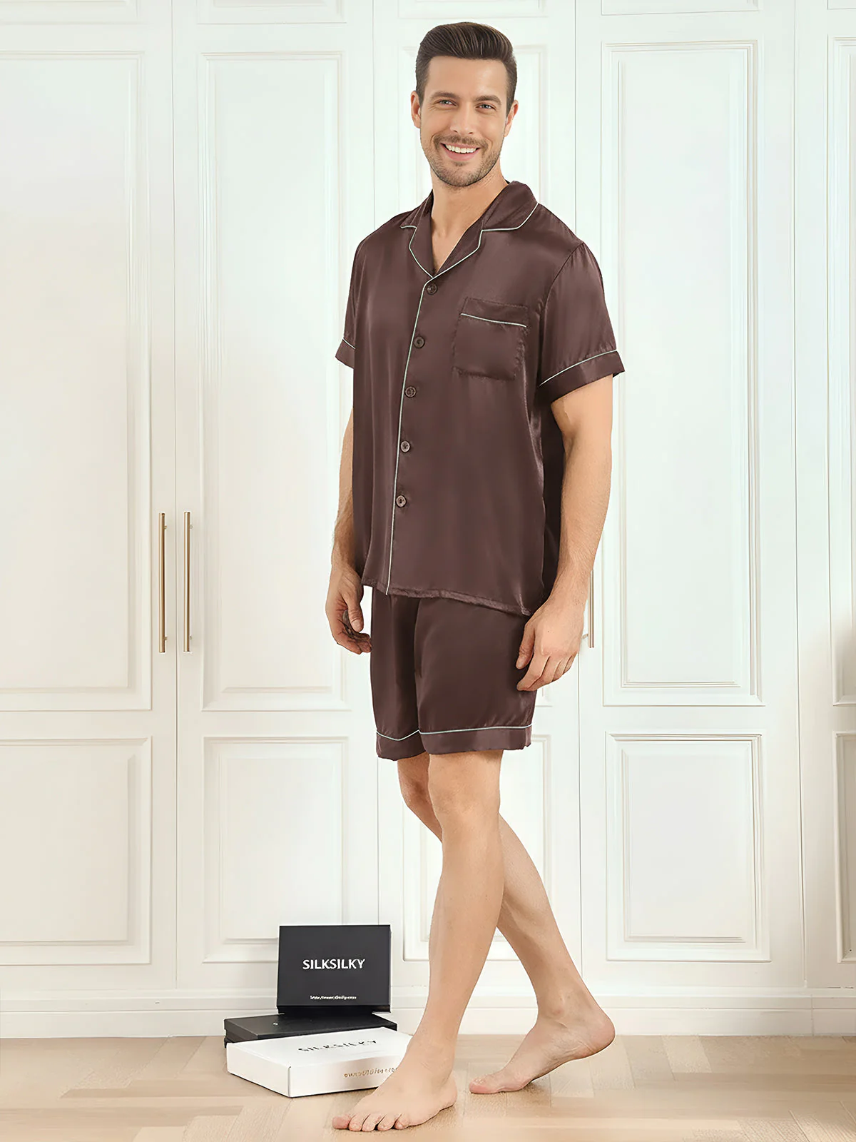 Pure Silk Short Sleeve Notch Collar Men's Pyjamas Set with Shorts - Image 29