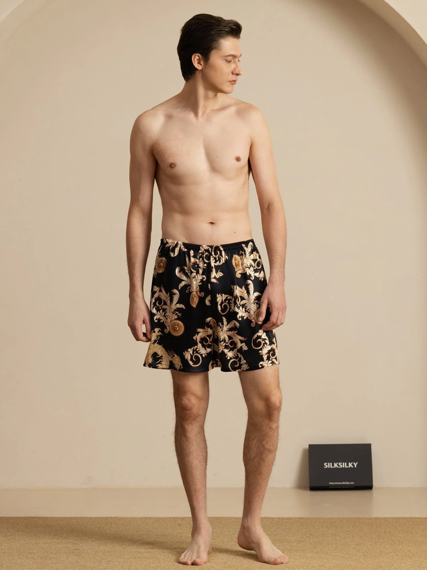 Pure Silk Elastic Waist Dragon Print Men's Sleep Shorts - Image 12