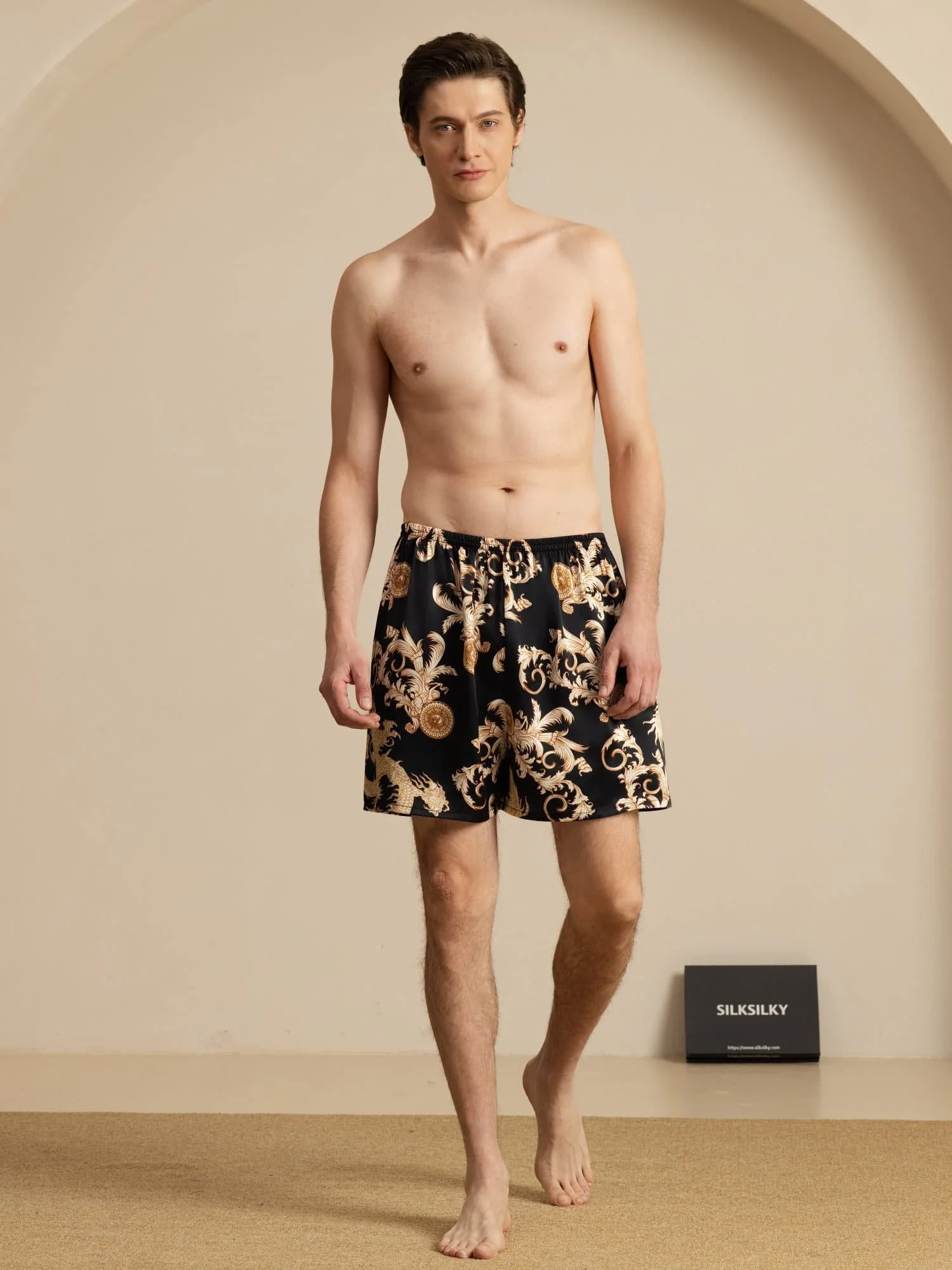 Pure Silk Elastic Waist Dragon Print Men's Sleep Shorts - Image 13