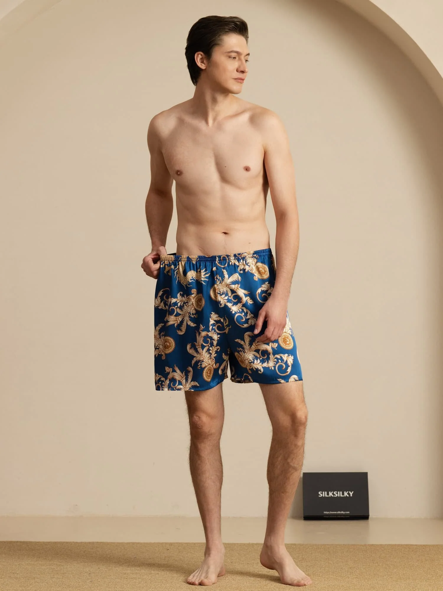 Pure Silk Elastic Waist Dragon Print Men's Sleep Shorts - Image 6