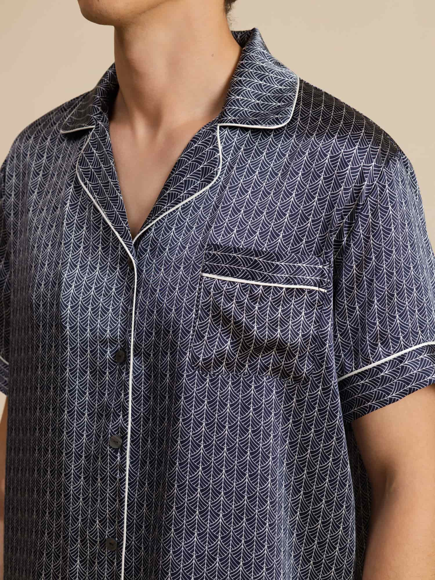 Men's Pure Silk Navy Ginkgo Print Short Sleeve Notch Collar Pajamas Set - Image 9