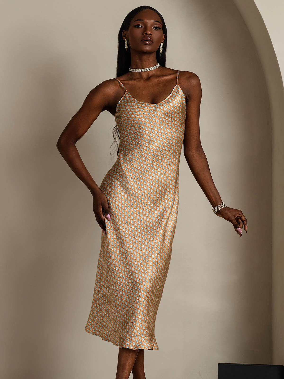 Pure Silk Geometric Print Spaghetti Strap V Neck Midi Dress - Image 11