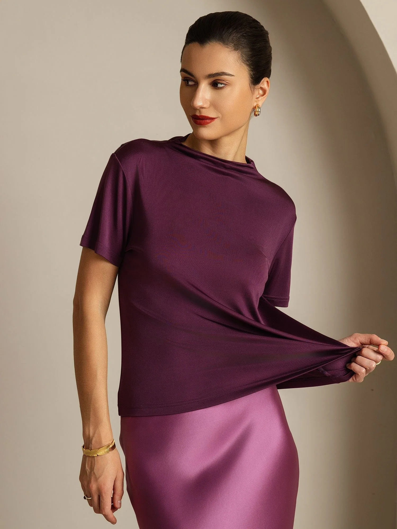 Pure Silk Short Sleeve Mock Women's T-Shirt - Image 10