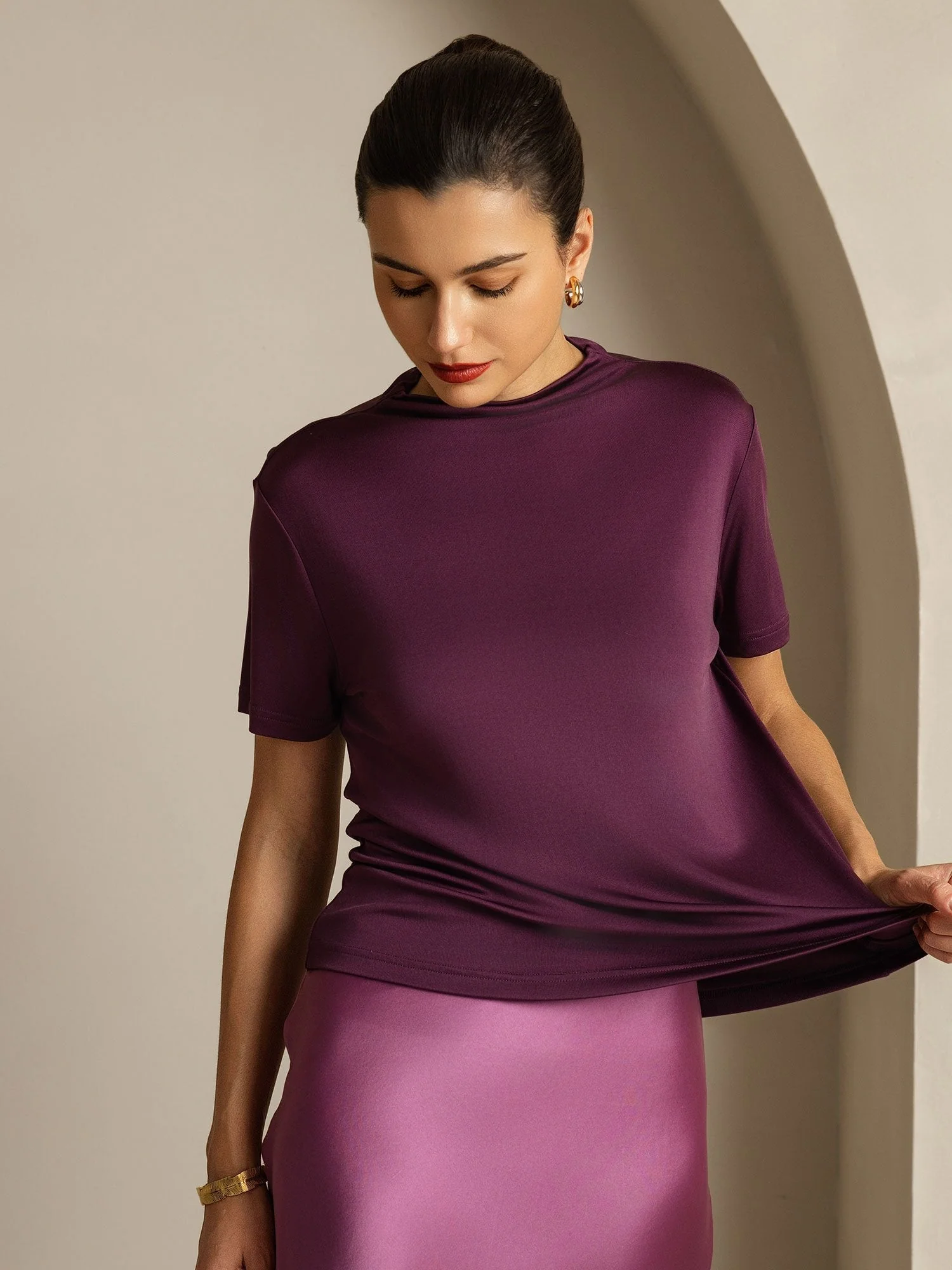 Pure Silk Short Sleeve Mock Women's T-Shirt - Image 12