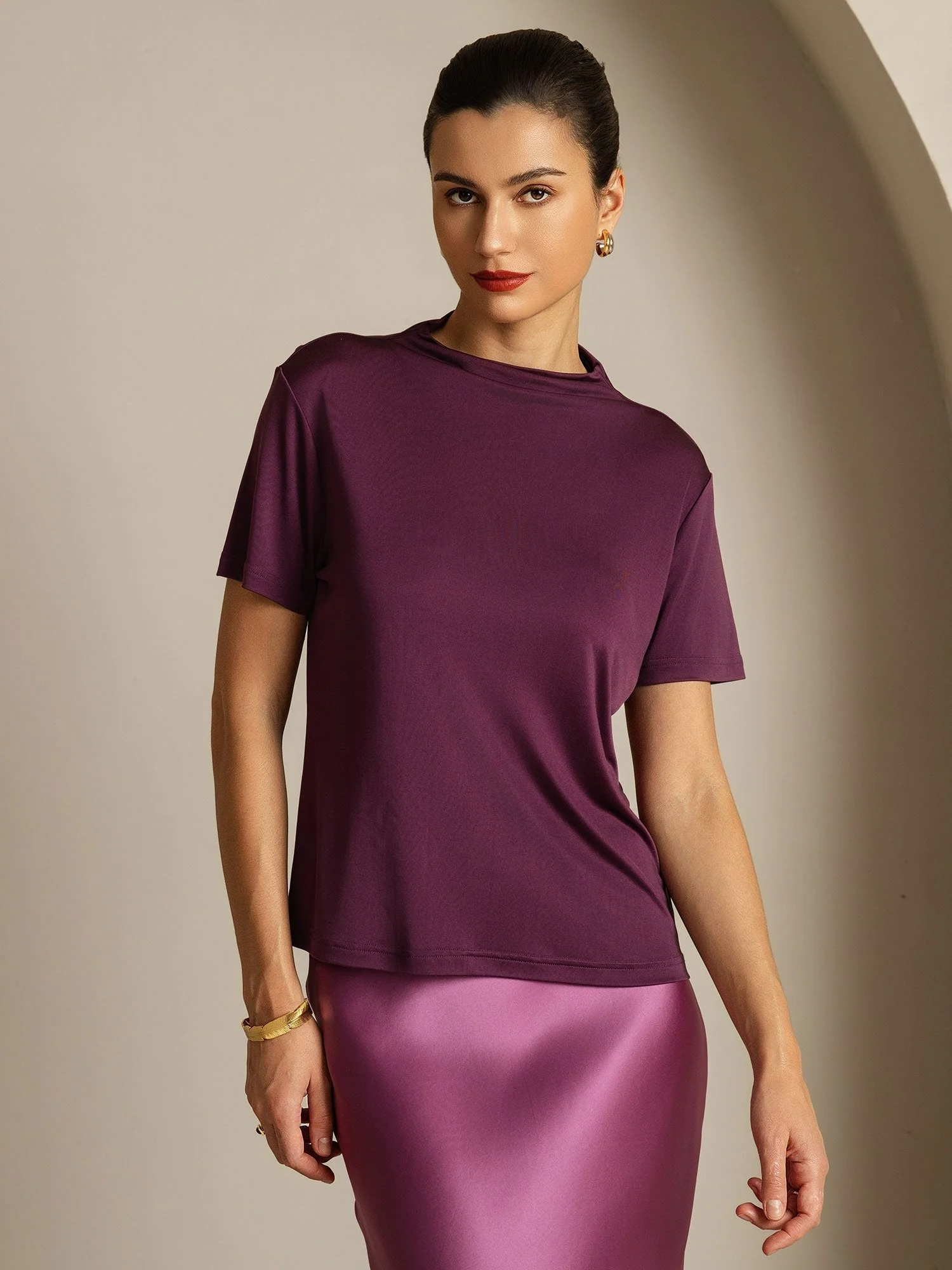 Pure Silk Short Sleeve Mock Women's T-Shirt - Image 14