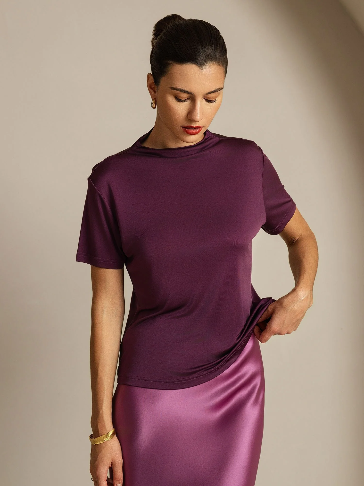 Pure Silk Short Sleeve Mock Women's T-Shirt - Image 15