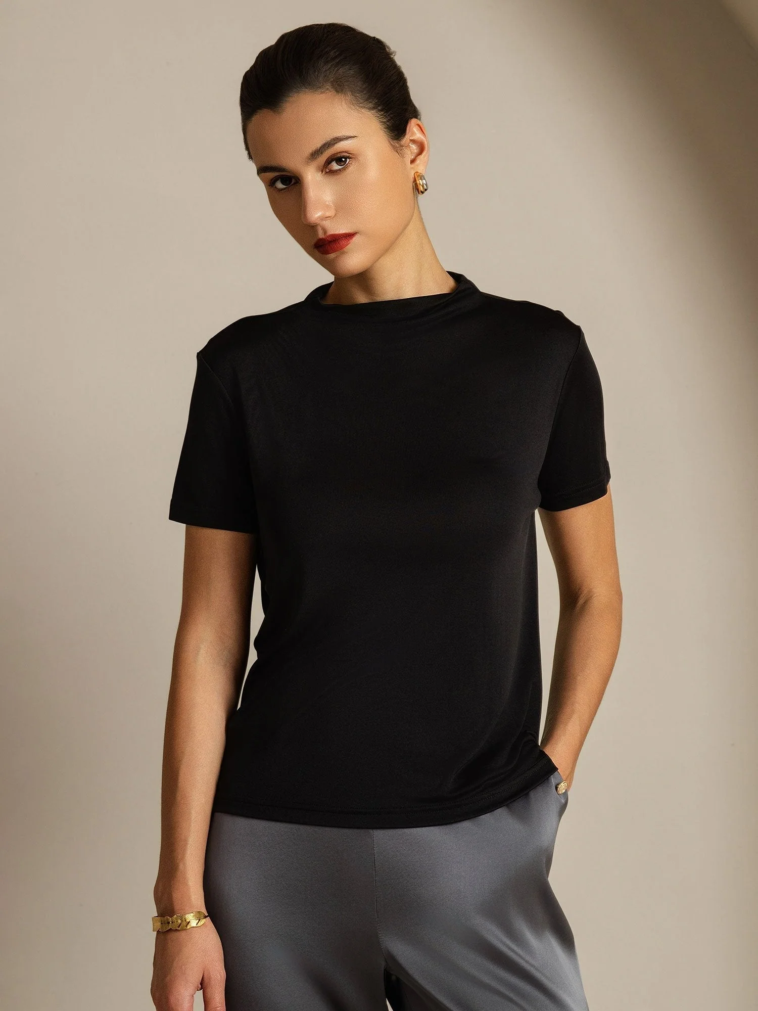 Pure Silk Short Sleeve Mock Women's T-Shirt - Image 18