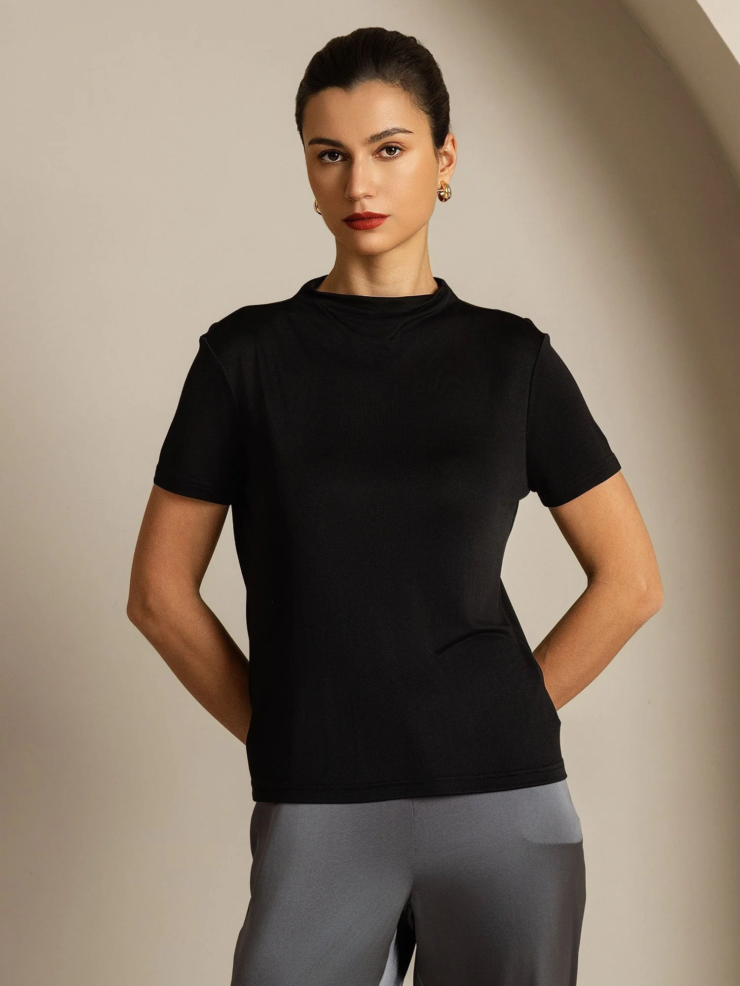 Pure Silk Short Sleeve Mock Women's T-Shirt - Image 22