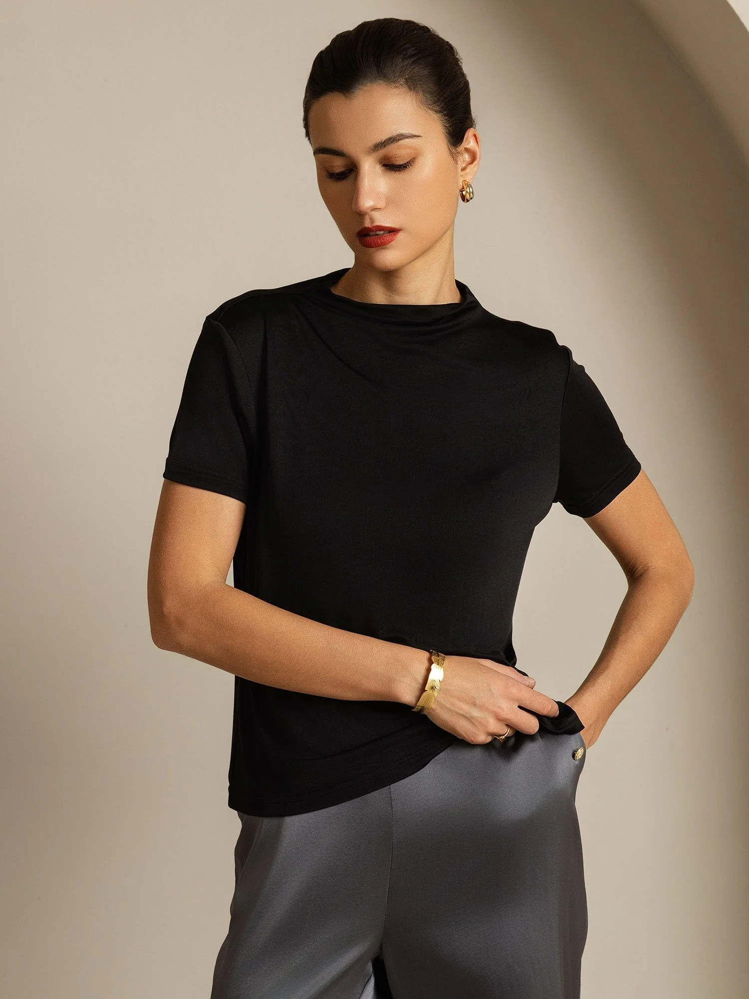 Pure Silk Short Sleeve Mock Women's T-Shirt - Image 23