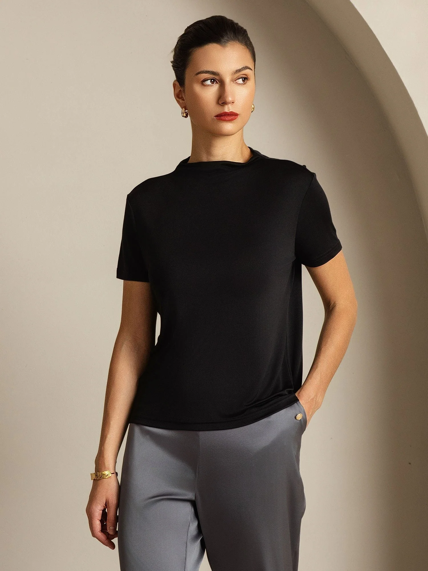 Pure Silk Short Sleeve Mock Women's T-Shirt - Image 25