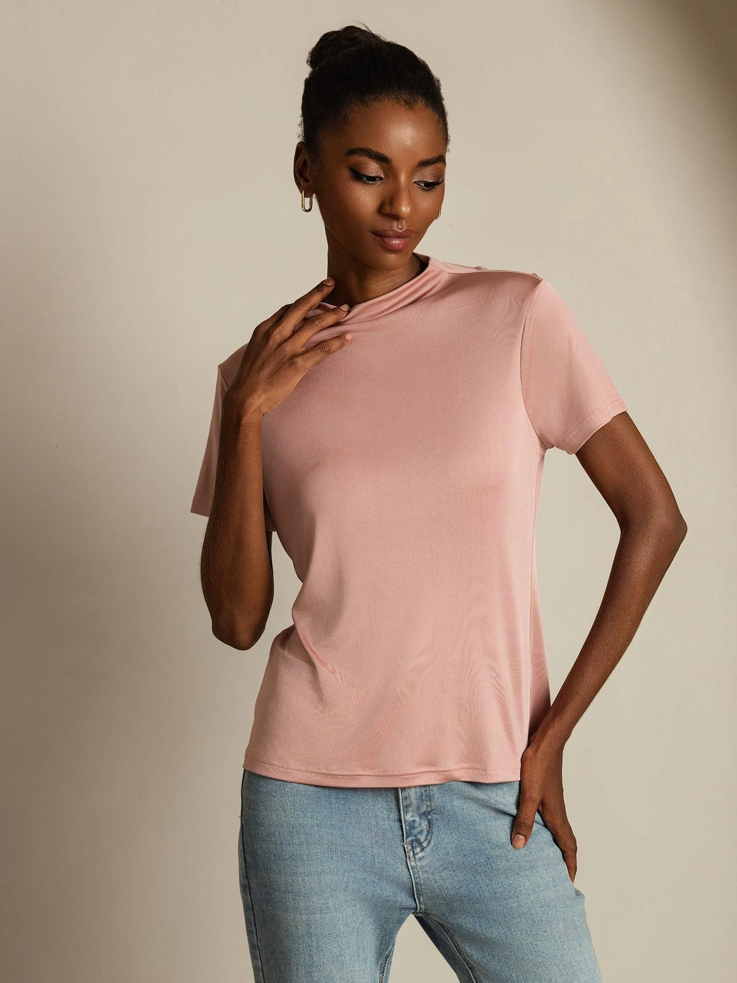 Pure Silk Short Sleeve Mock Women's T-Shirt - Image 37