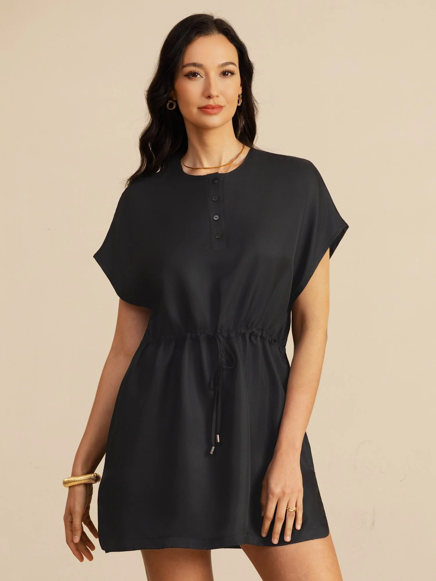 Pure Silk Henley Neck Cap Sleeve Short Dress With Drawstring - Image 10