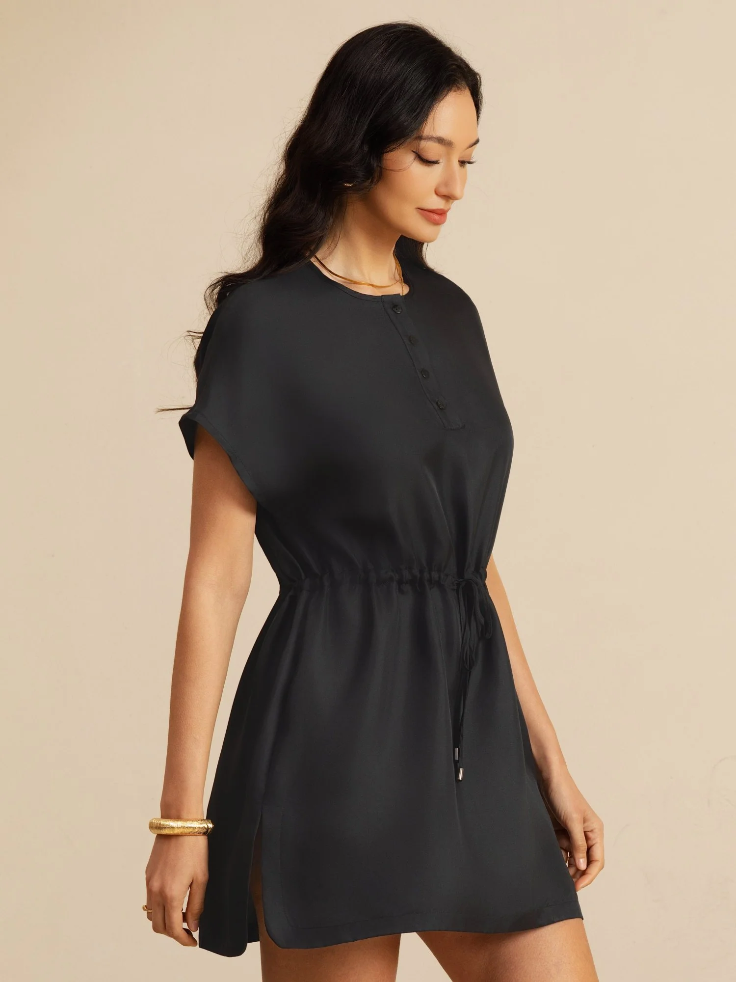 Pure Silk Henley Neck Cap Sleeve Short Dress With Drawstring - Image 11